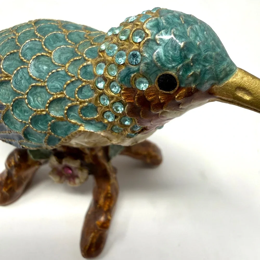 Vintage Enameled Hummingbird Trinket Box Jeweled Crystal Bird Figurine Teal Gold